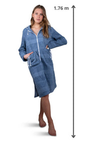 Stoere Dames sauna badjas met rits - katoen - Jeans blauw