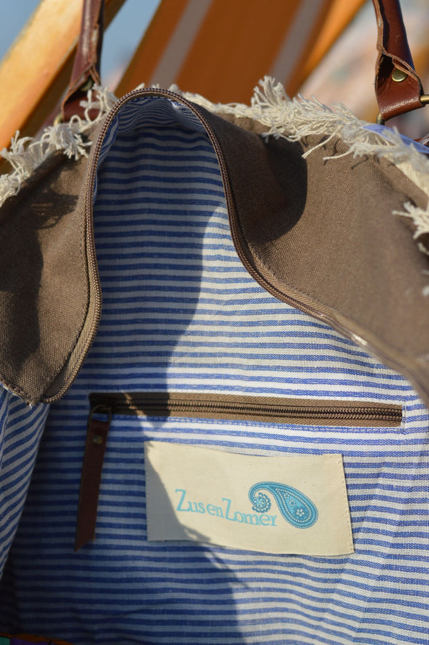 Royale stoere strandtas- zwaar gewassen katoen - shopper - weekendtas met rits